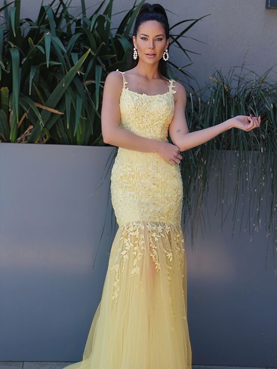 Mermaid Tulle Spaghetti Straps Long Daffodil Prom Dresses   cg21152