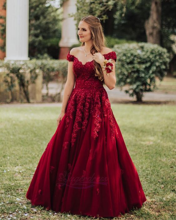 Red Off the Shoulder Tulle Long Prom Dress    cg21157