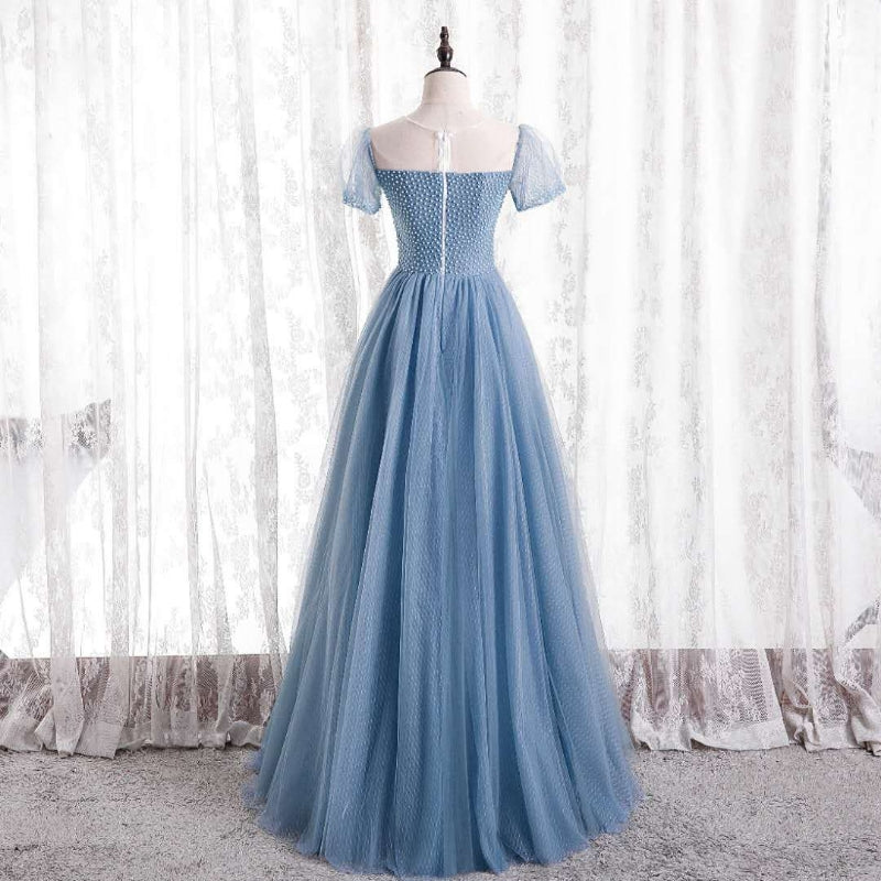 BLUE TULLE LONG A LINE PROM DRESS BLUE EVENING DRESS    cg21165