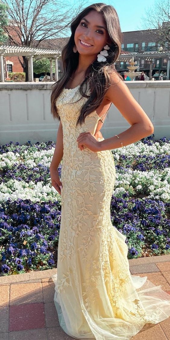 mermaid yellow lace long prom dress formal dress    cg21176