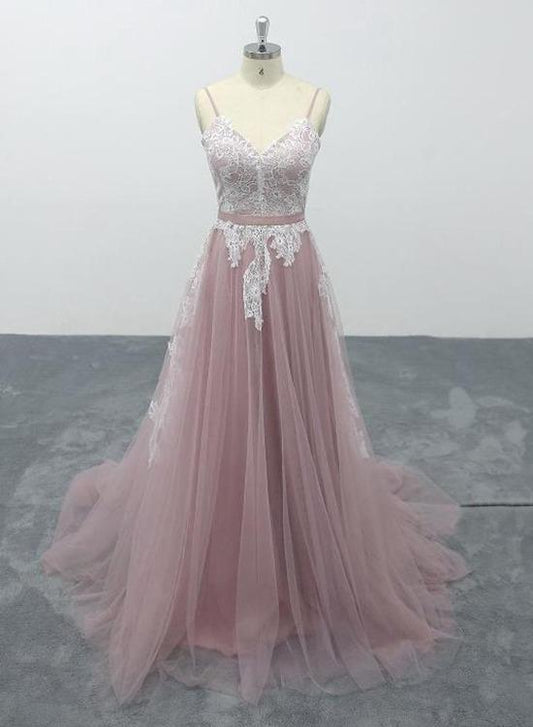 Pink Tulle V-Neck Spaghetti Straps Bridal Gown Prom Dress    cg21181