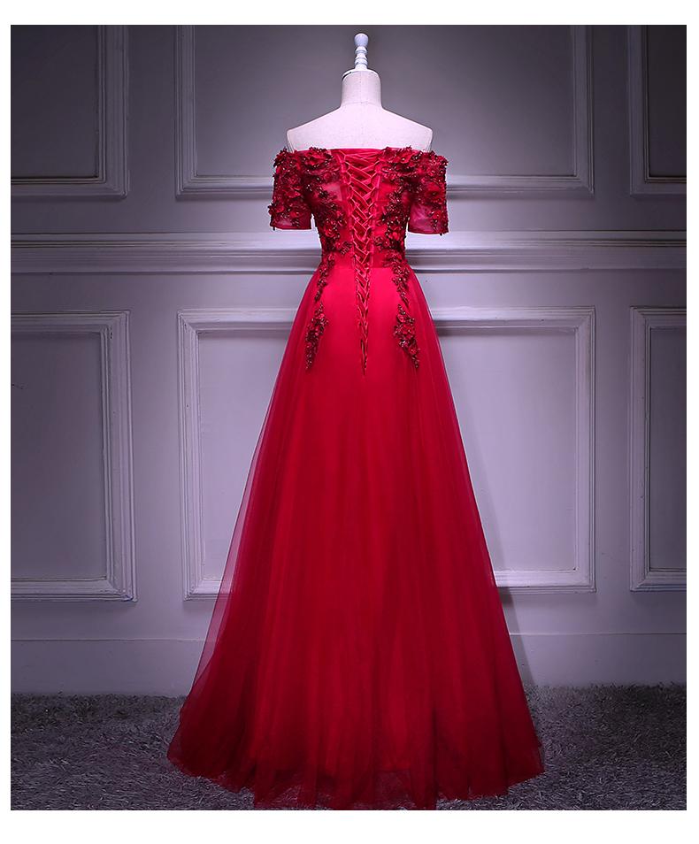 Red Tulle Short Sleeves Lace Applique Long Junior Prom Dress, Red Formal Gown    cg21182