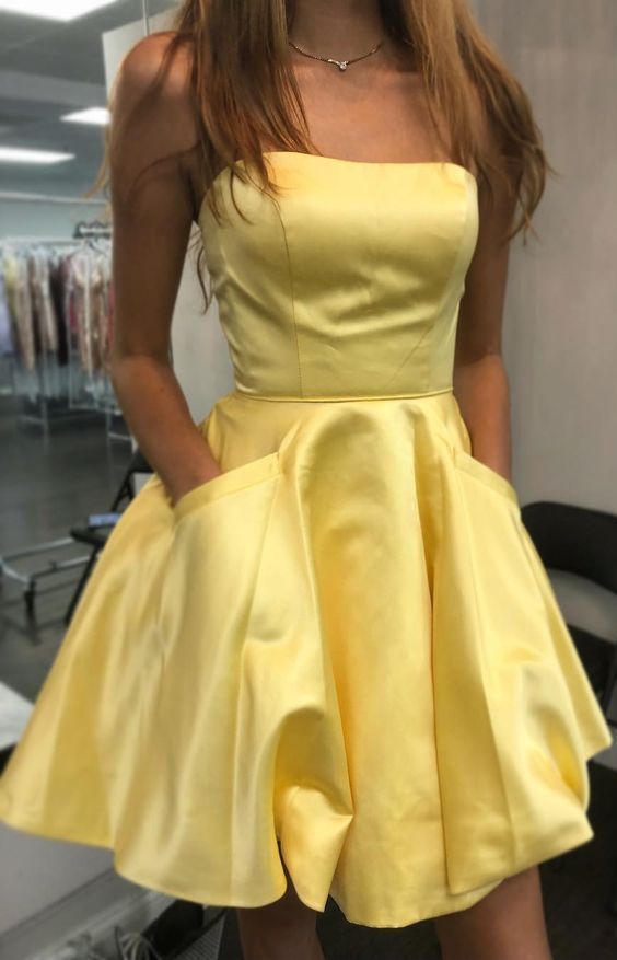 Strapless Short Yellow Homecoming Party Dress With Pockets  cg2120