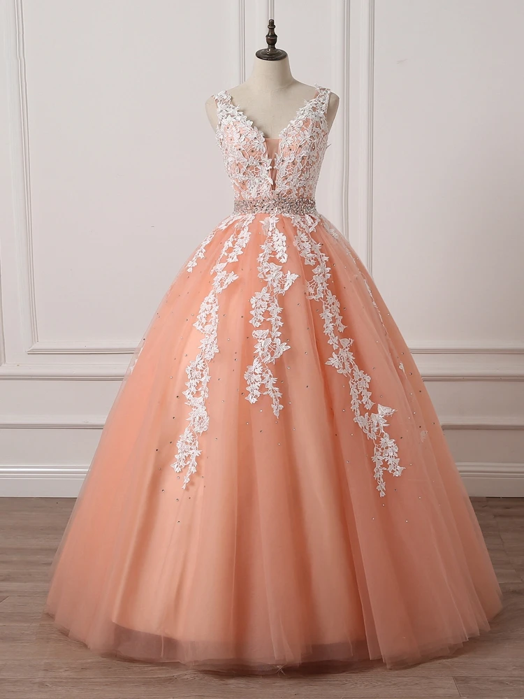 Charming Coral Princess V-Neckline Formal Dress, Lace Applique Beaded Prom Dress    cg21219