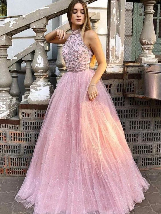 Halter Shining Tulle Prom Dresses A-line Appliqued Gowns    cg21248