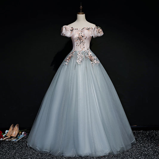 GRAY TULLE LACE LONG BALL GOWN PROM DRESS FAHION DRESS     cg21252