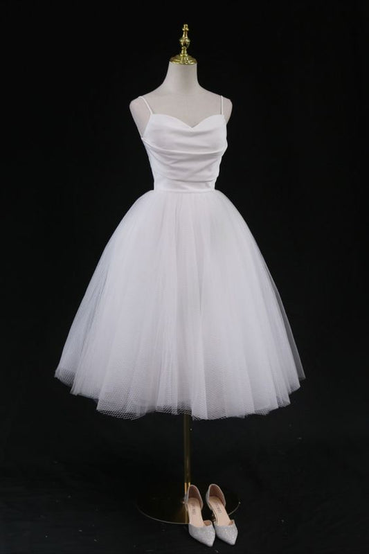 Vintage Style White Midi Casual Wedding Dress Homecoming Dress     cg21254