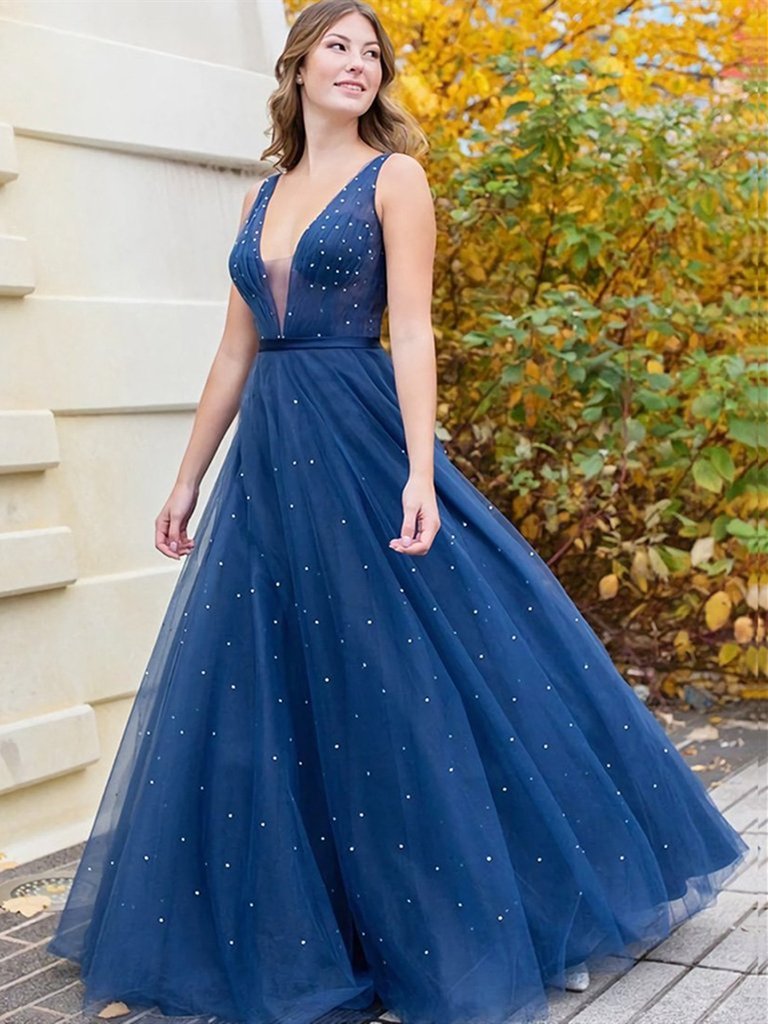 A Line V Neck Beaded Navy Blue Long Prom Dresses, V Neck Dark Blue Tulle Long Formal Evening Dresses    cg21261