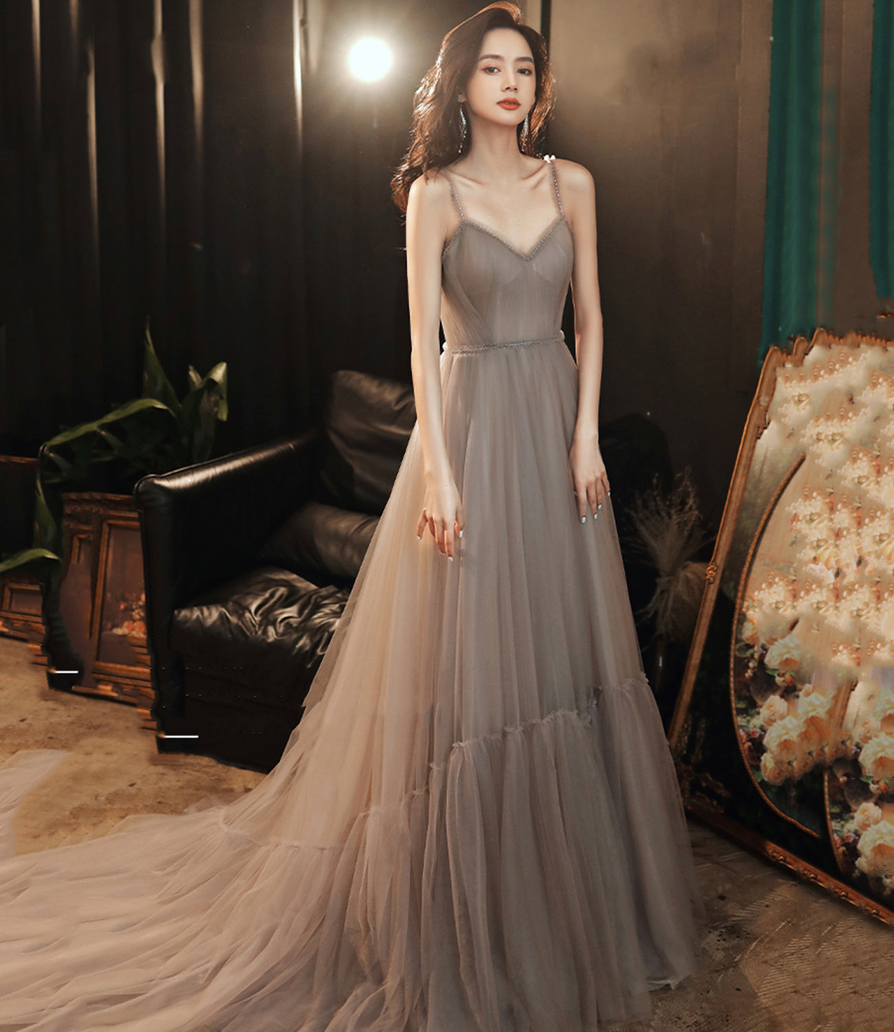 STYLISH V NECK TULLE LONG A LINE PROM DRESS EVENING DRESS    cg21311