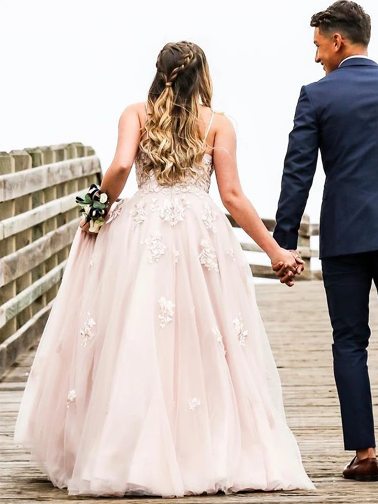 A Line V Neck Open Back Dusty Pink Lace Long Prom Dresses, Dusty Pink Lace Long Formal Evening Dresses, Pink Wedding Dresses    cg21320