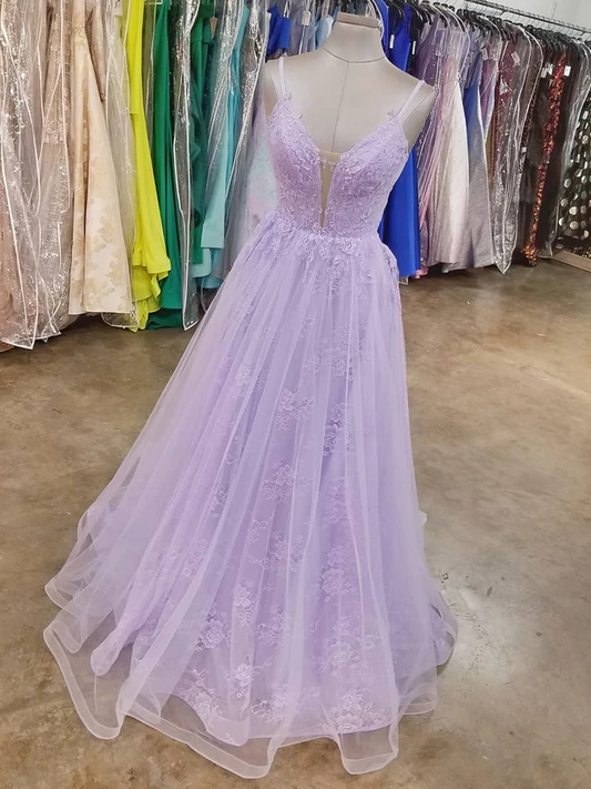 A Line V Neck Purple Lace Long Prom Dresses, Lilac Lace Long Formal Evening Dresses    cg21321