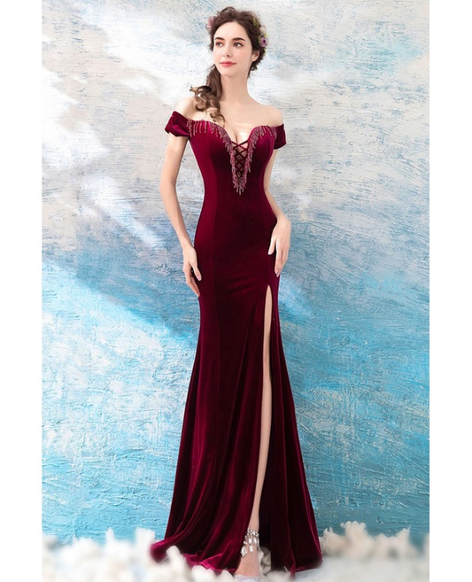 mermaid slit prom dress burgundy evening dress, party dress    cg21322