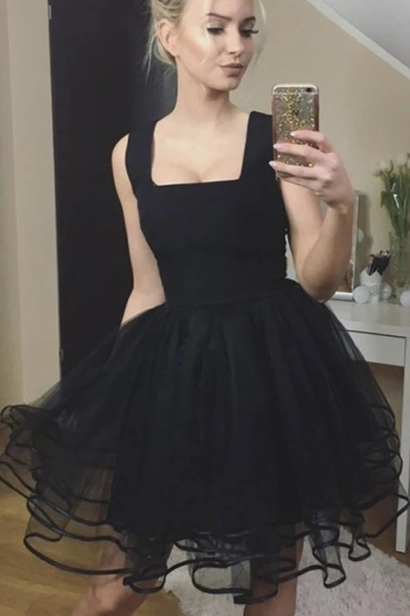 Black tulle short black party dress Homecoming Dress     cg21325