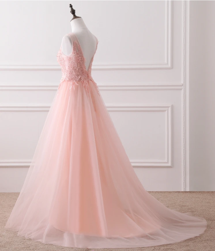 Pink Tulle Round Lace Applique Long Formal Dress, Pink Tulle Junior Prom Dress    cg21327
