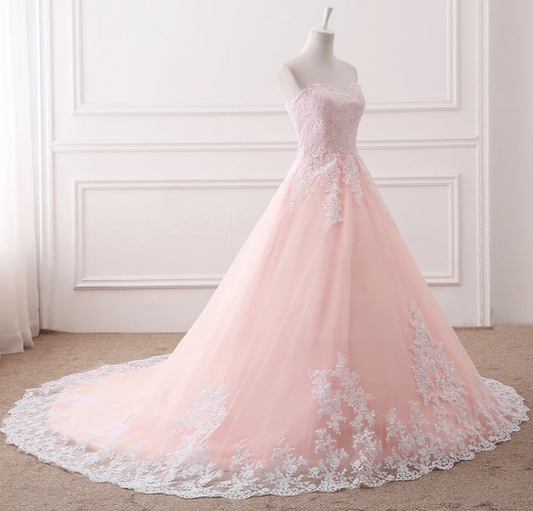 Pink Puffy Ball Gown Princess Sweetheart Tulle Formal Dress With White Lace Prom Dress    cg21328