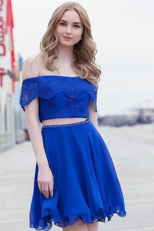 Two Piece Royal Blue Lace Dress, Sexy Short Party Dress, Homecoming Dress for Party  cg2133