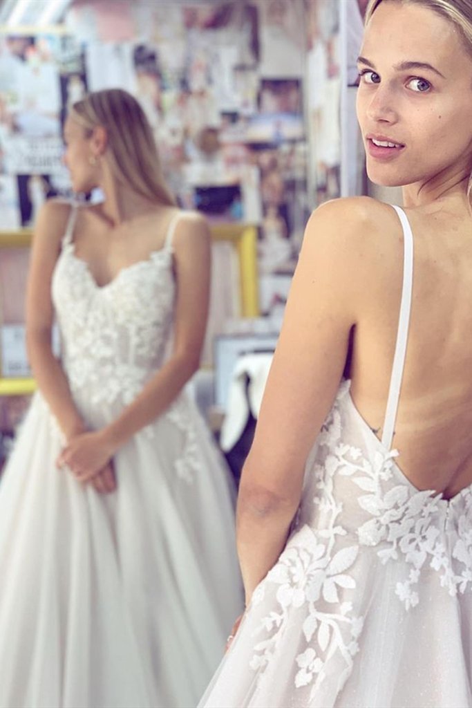 Thin Straps Backless White Lace Long Prom Wedding Dress, White Lace Formal Dress, White Evening Dress    cg21334