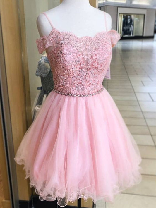 A Line Off Shoulder Lace Pink Short Homecoming Dresses, Off Shoulder Pink Lace Formal Graduation Evening Dresses    cg21340