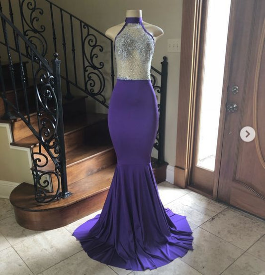 Grape Trumpet Prom Dress with Beaded Illusion Bodice   cg21347