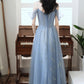 BLUE TULLE BEADS LONG A LINE PROM DRESS EVENING DRESS    cg21359
