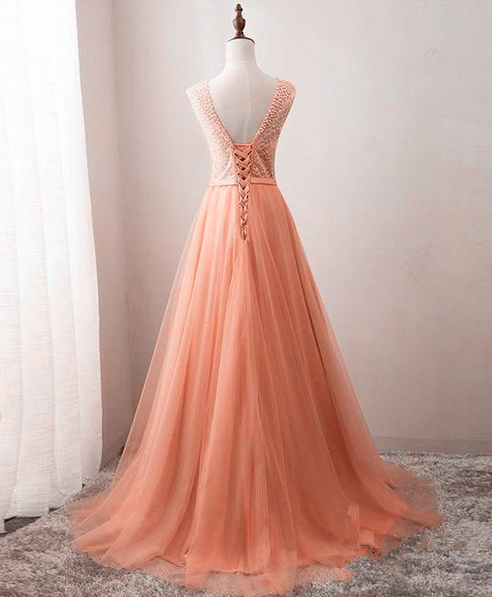 Beautiful Tulle Gown, V Back Lace-up Beaded Long Formal Dress, Tulle Party prom Dresses    cg21366