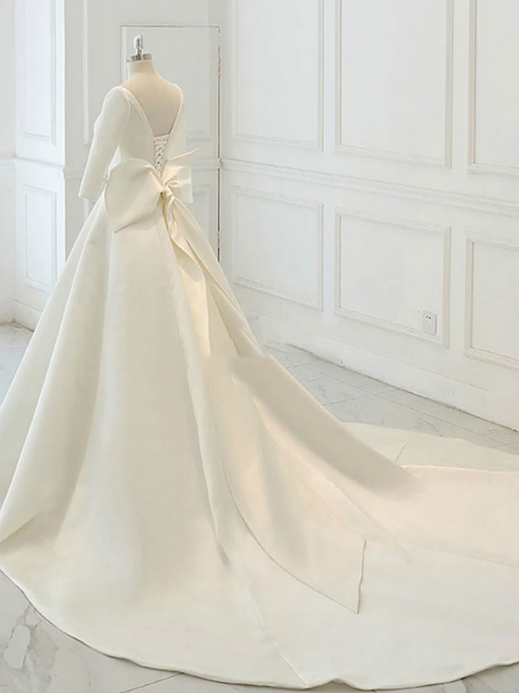 White Satin Backless 3/4 Sleeve Wedding Dress Party prom Dresses    cg21367