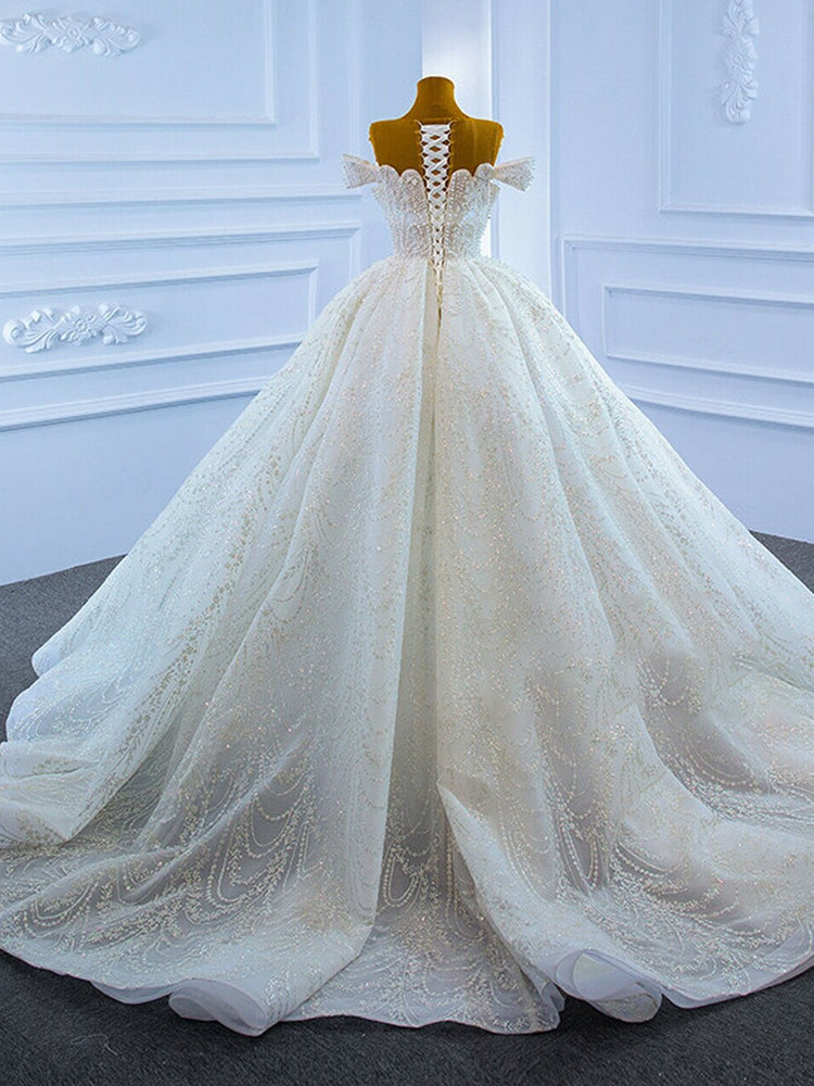 White Ball Gown Tulle Sequins Scoop Pearls Wedding Dress Party prom Dresses    cg21368
