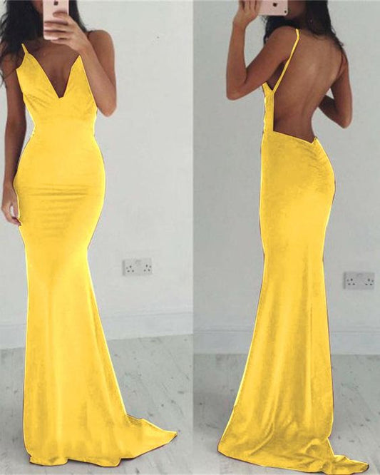 Sexy V Neck Spaghetti Straps Fitted Long Evening Party Dresses Women Formal Prom Gown   cg21381