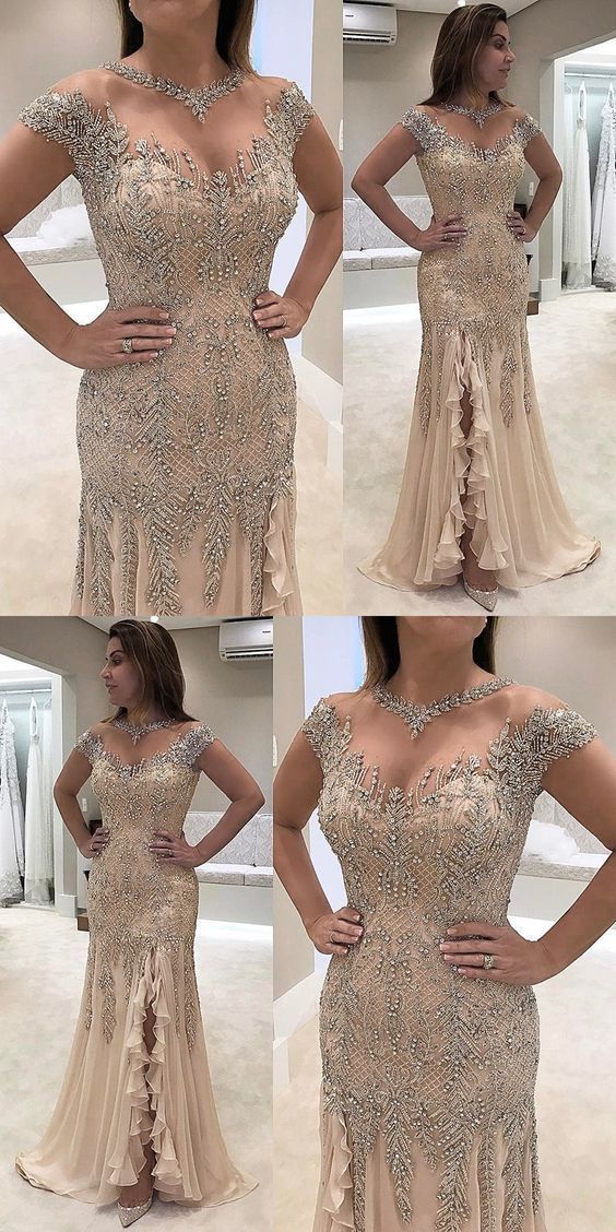 Sheath Prom Dresses,Round Neck Prom Dresses,Light Champagne Prom Dresses    cg21387