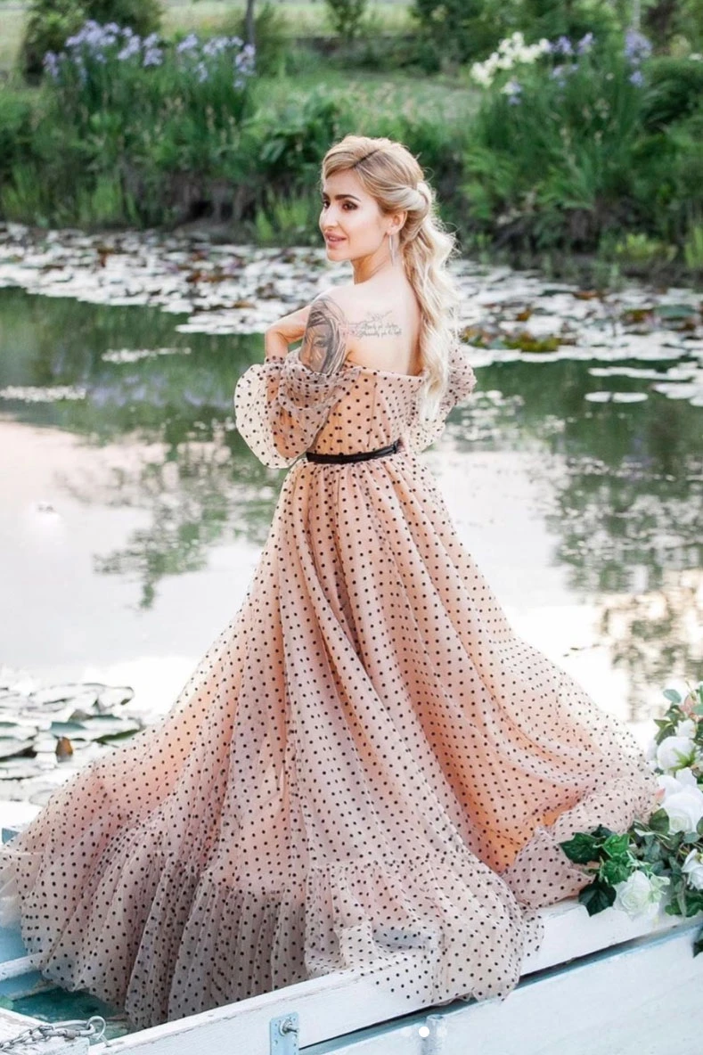 Champagne sweetheart off shoulder tulle long prom dress    cg21397