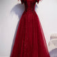 BURGUNDY TULLE SEQUINS LONG A LINE PROM DRESS EVENING DRESS    cg21403