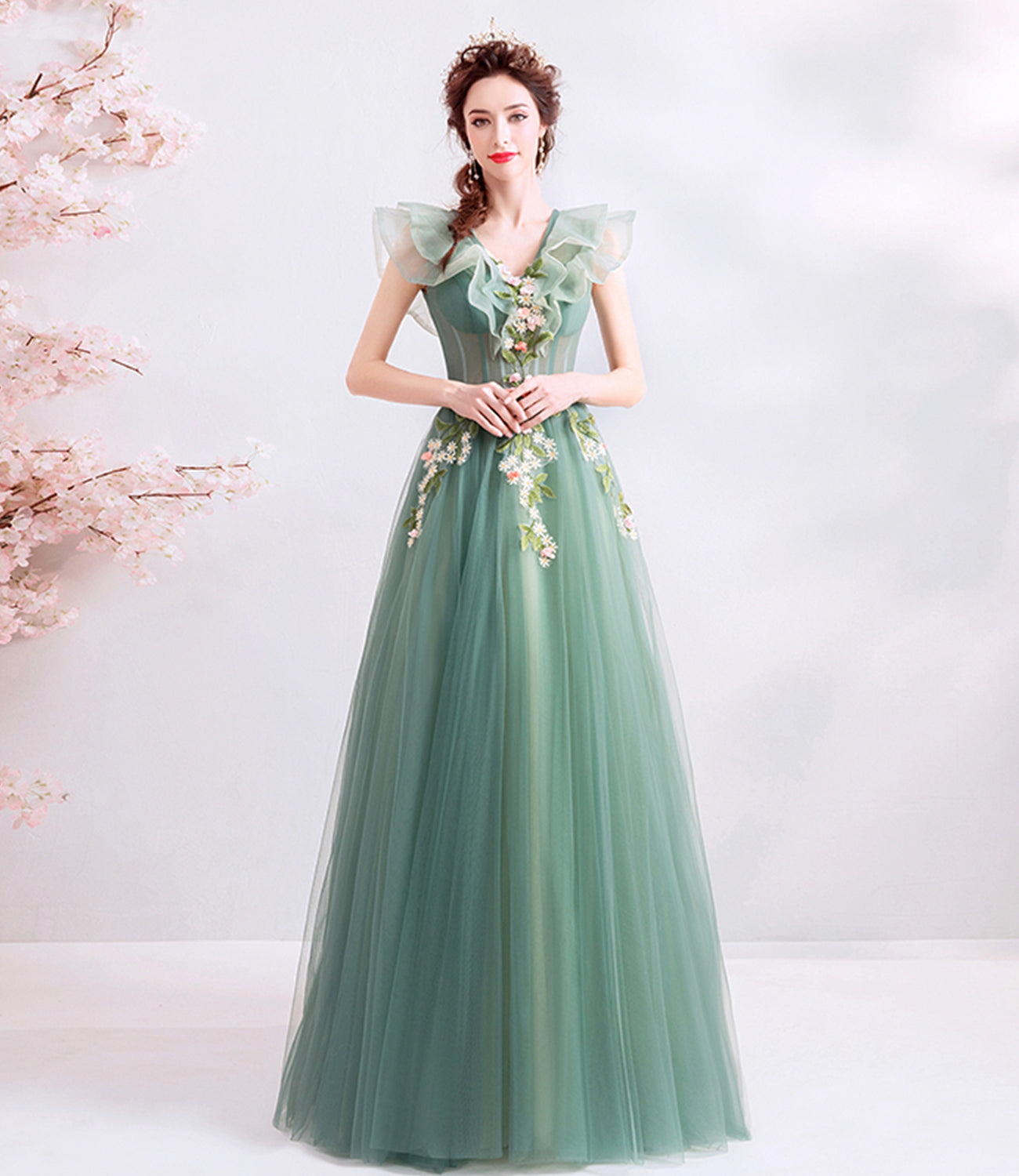 GREEN TULLE LONG A LINE PROM DRESS EVENING DRESS    cg21404