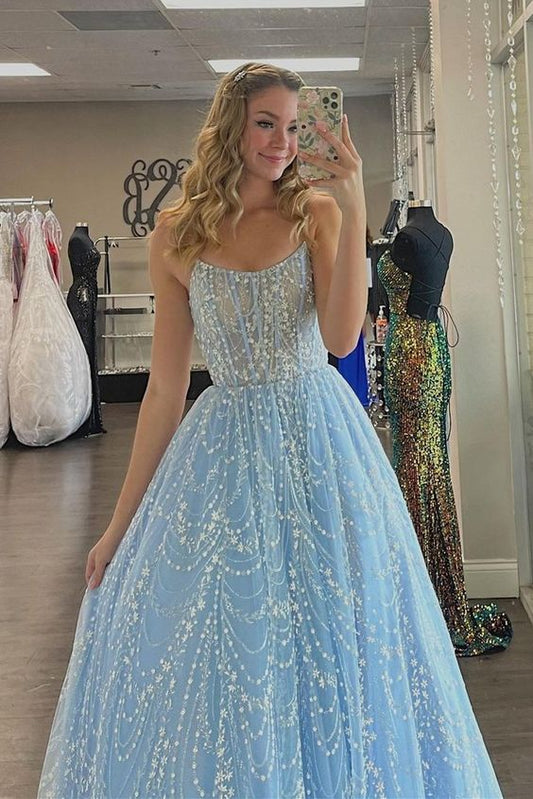 A-line blue long prom dress with spaghetti straps    cg21406