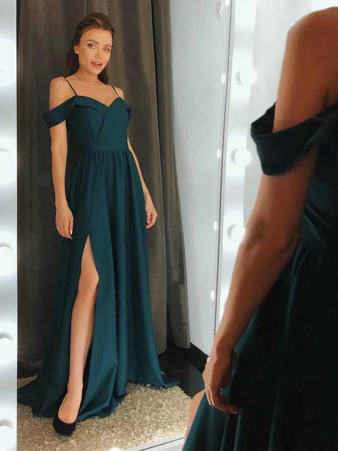 Dark Green Off the Shoulder Prom Dresses With Leg Slit, Off Shoulder Dark Green Long Formal Evening Bridesmaid Dresses    cg21431