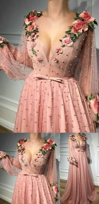 Chic A Line V Neck Prom Dress Modest Long Pink Prom Dress   cg21436