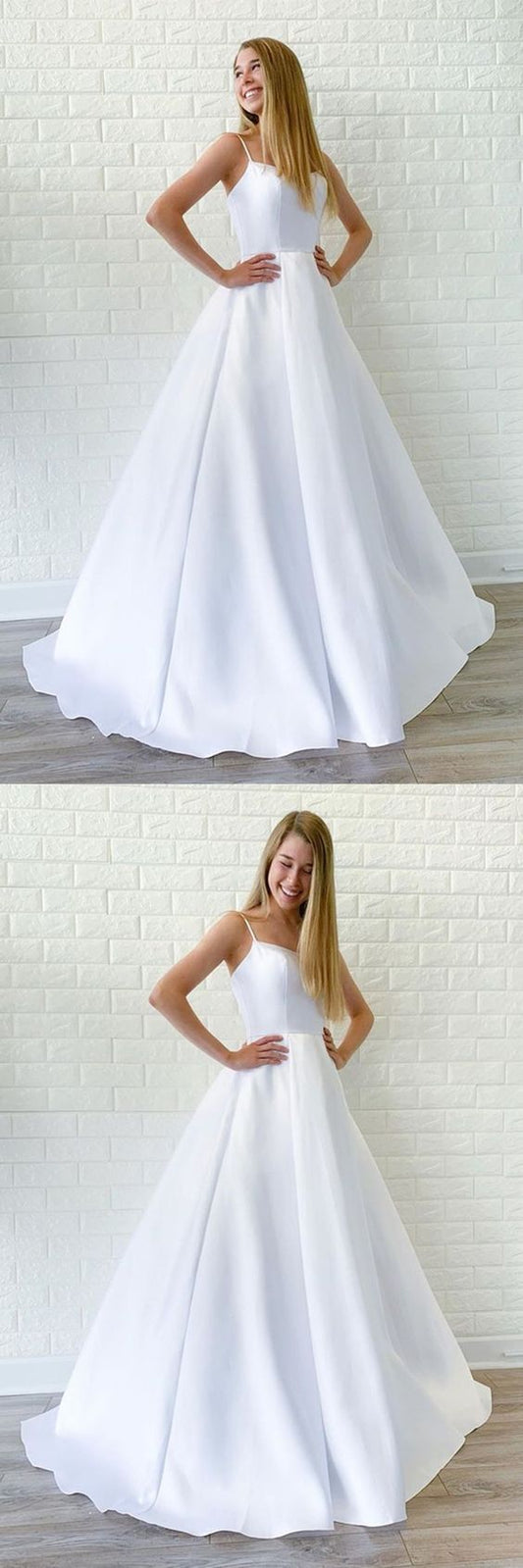 Simple A Line White Satin Long Wedding Prom Dress, Cheap White Formal Graduation Evening Dress     cg21437