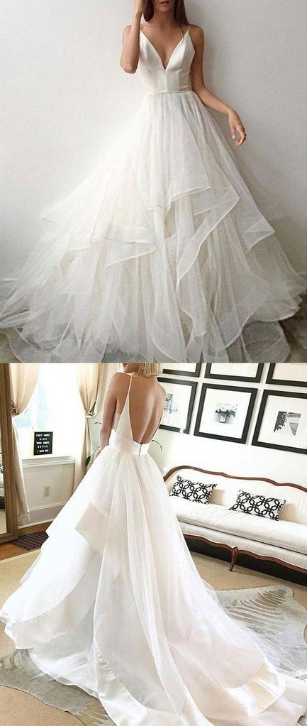 White tulle backless long v neck layered formal prom dress, white wedding dress    cg21438