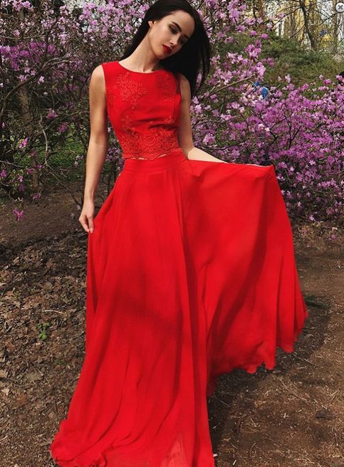 Two Piece Round Neck Red Chiffon Prom Dress with Appliques,A Line Formal Evening dress   cg21449