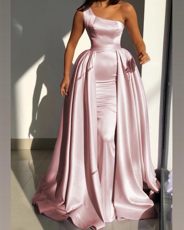 Mermaid One Shoulder Satin prom dresses Removable Skirt    cg21451