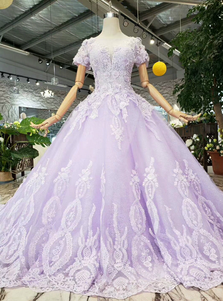 Purple Tulle Appliques Short Sleeve prom Wedding Dress With Beading cg2147