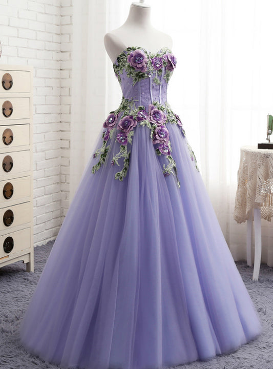 A-Line Purple Tulle Embroidery Appliques Sweetheart Neck Prom Dress    cg21474