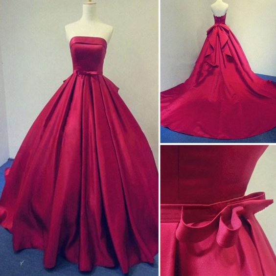 Long Burgundy Prom Dresses Ball Gowns Evening Party Gown Strapless Stain Lace-up Dress  cg21492
