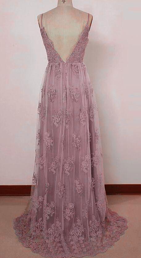 Beautiful Pink Straps Lace Floor Length Party Dress, Pink Backless Prom Dress    cg21495