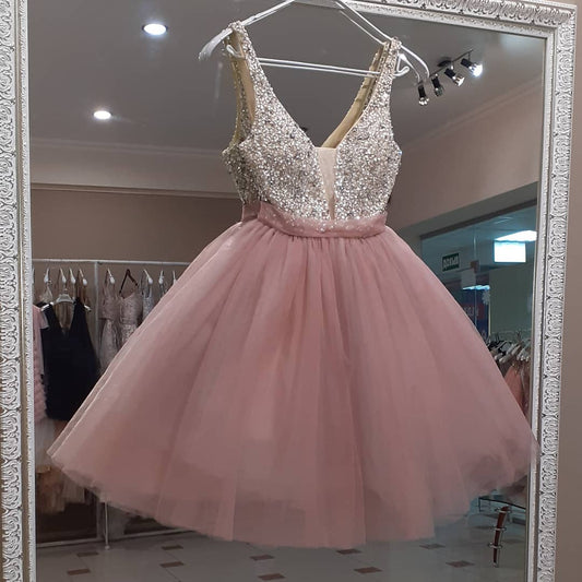 Blush Pink Tulle and Sequined Top Dress Homecoming Dress   cg21504