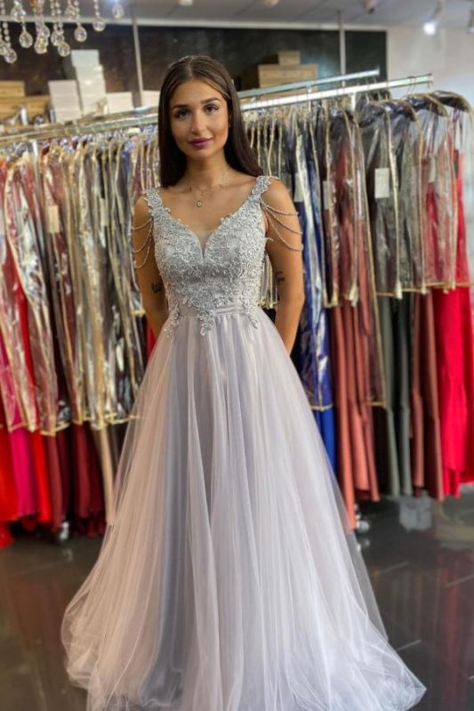 Women Sleeveless Silver Lace A-Line Prom Dresses Long    cg21523