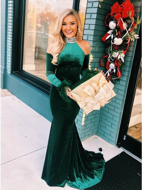 Unique Long Sleeve Emerald Split Long Prom Dress     cg21526