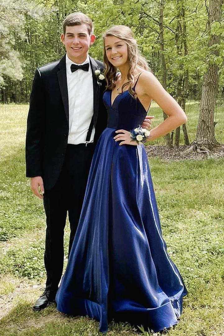 Blue satin long A line prom dress blue evening dress    cg21530