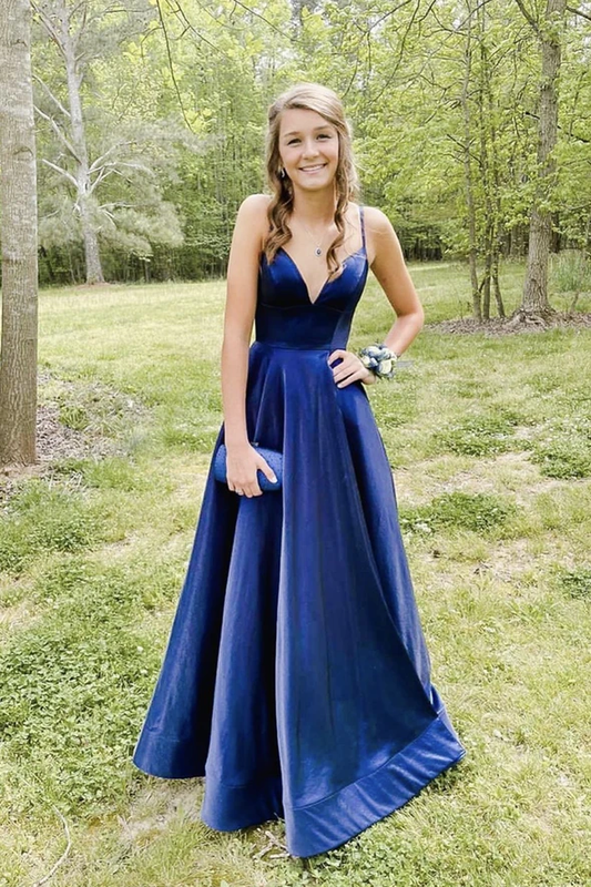 Blue satin long A line prom dress blue evening dress    cg21530