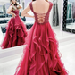 Red lace long A line prom dress red evening dress    cg21531