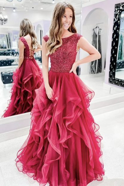 Red lace long A line prom dress red evening dress    cg21531